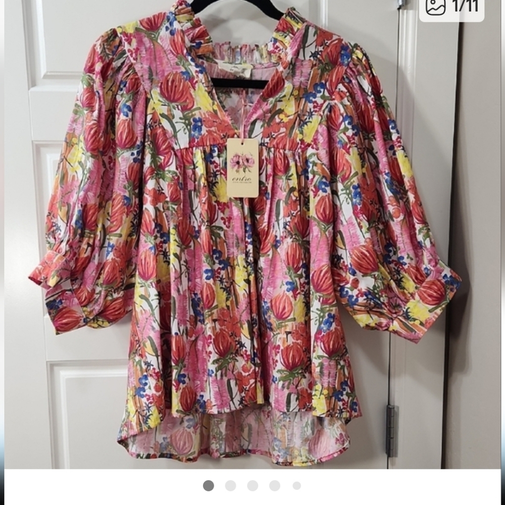 entro Pink Floral Puff-Sleeve Blouse - Picture 12 of 12